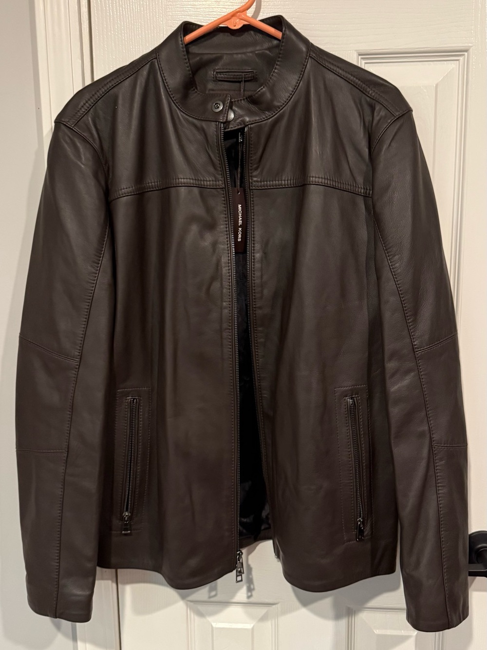 Michael Kors Men's Chocolate Brown Leather Bomber Jacket